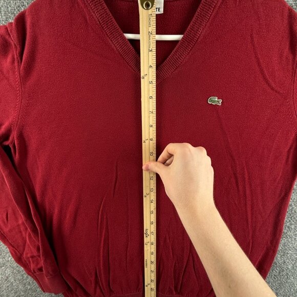 Lacoste Sweater Men Red V Neck Croc Logo Large Pullover Cotton Preppy Tennis - Picture 3 of 12